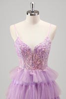 Laden Sie das Bild in den Galerie-Viewer, Glitze Lila Gestuftes Korsett Lang Abendkleider mit Schlitz