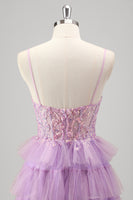 Laden Sie das Bild in den Galerie-Viewer, Glitze Lila Gestuftes Korsett Lang Abendkleider mit Schlitz