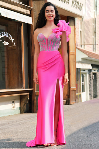 Fuchsia Meerjungfrau Eine Schulter Perlenstickerei Langes Satin Ballkleid mit Schlitz