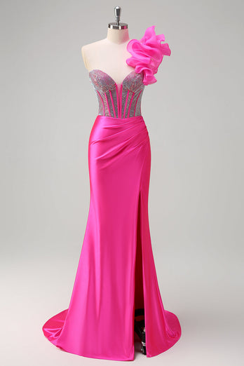 Fuchsia Meerjungfrau Eine Schulter Perlenstickerei Langes Satin Ballkleid mit Schlitz