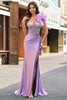 Laden Sie das Bild in den Galerie-Viewer, Fuchsia Meerjungfrau Eine Schulter Perlenstickerei Langes Satin Ballkleid mit Schlitz