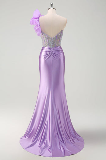 Fuchsia Meerjungfrau Eine Schulter Perlenstickerei Langes Satin Ballkleid mit Schlitz