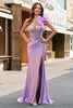 Laden Sie das Bild in den Galerie-Viewer, Fuchsia Meerjungfrau Eine Schulter Perlenstickerei Langes Satin Ballkleid mit Schlitz