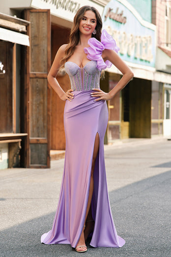 Fuchsia Meerjungfrau Eine Schulter Perlenstickerei Langes Satin Ballkleid mit Schlitz