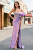 Laden Sie das Bild in den Galerie-Viewer, Fuchsia Meerjungfrau Eine Schulter Perlenstickerei Langes Satin Ballkleid mit Schlitz