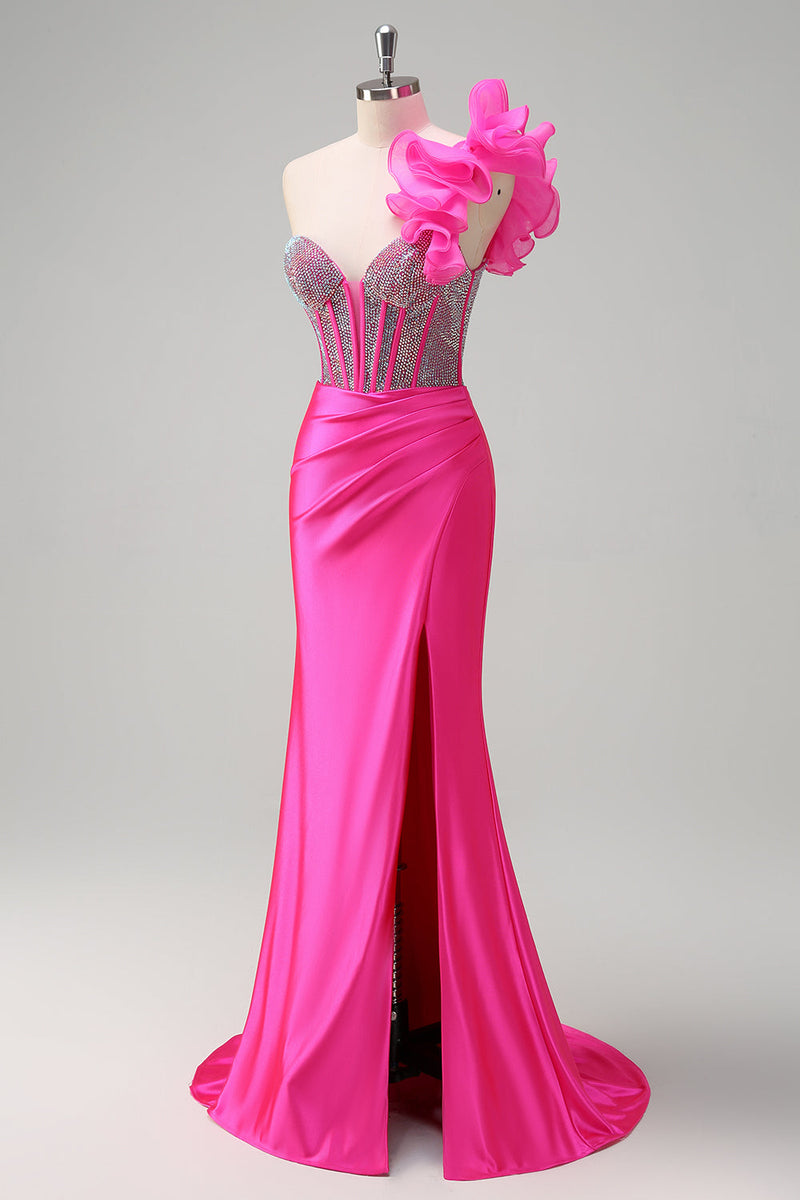 Laden Sie das Bild in den Galerie-Viewer, Glitzer Fuchsia Etui Eine Schulter Langes Abendkleid mit Schlitz