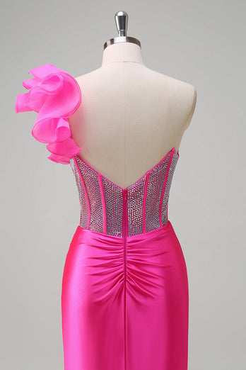 Glitzer Fuchsia Etui Eine Schulter Langes Abendkleid mit Schlitz