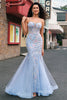 Laden Sie das Bild in den Galerie-Viewer, Hellblau Meerjungfrauen Spaghettiträger Tüll Korsett Langes Ballkleid mit Stickerei
