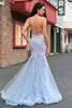 Laden Sie das Bild in den Galerie-Viewer, Hellblau Meerjungfrauen Spaghettiträger Tüll Korsett Langes Ballkleid mit Stickerei