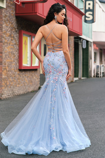 Hellblau Meerjungfrauen Spaghettiträger Tüll Korsett Langes Ballkleid mit Stickerei