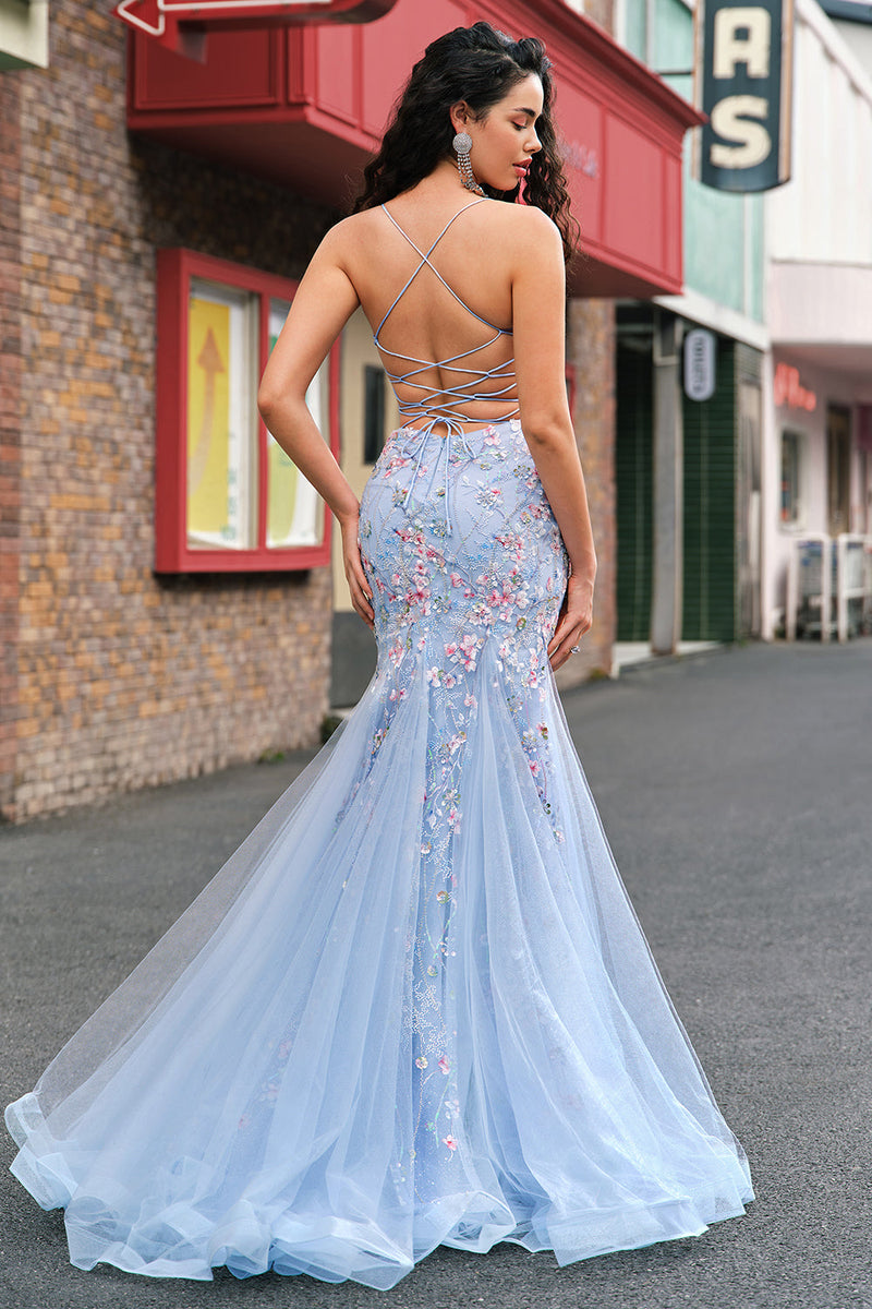 Laden Sie das Bild in den Galerie-Viewer, Hellblau Meerjungfrauen Spaghettiträger Tüll Korsett Langes Ballkleid mit Stickerei