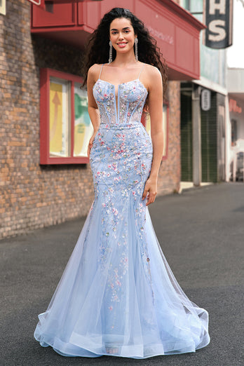 Hellblau Meerjungfrauen Spaghettiträger Tüll Korsett Langes Ballkleid mit Stickerei