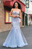 Laden Sie das Bild in den Galerie-Viewer, Hellblau Meerjungfrauen Spaghettiträger Tüll Korsett Langes Ballkleid mit Stickerei