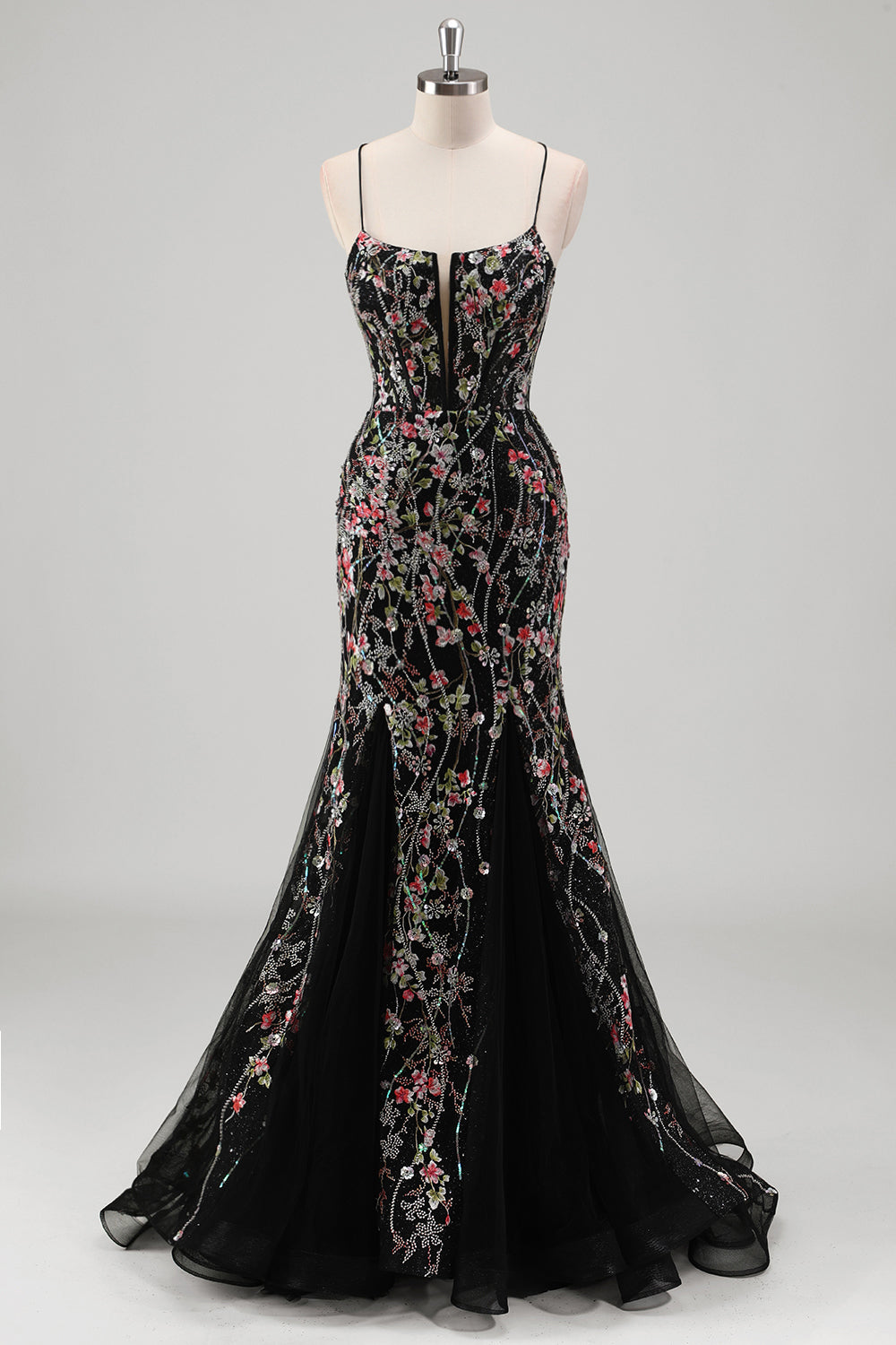Schwarz Meerjungfrauen Spaghettiträger Tüll Ballkleid mit Perlenstickerei