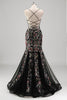 Laden Sie das Bild in den Galerie-Viewer, Schwarz Meerjungfrauen Spaghettiträger Tüll Ballkleid mit Perlenstickerei