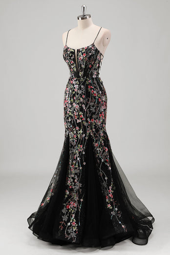 Schwarz Meerjungfrauen Spaghettiträger Tüll Ballkleid mit Perlenstickerei