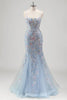 Laden Sie das Bild in den Galerie-Viewer, Hellblau Meerjungfrauen Spaghettiträger Tüll Korsett Langes Ballkleid mit Stickerei