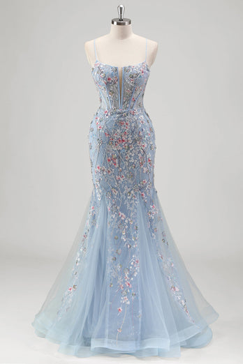 Hellblau Meerjungfrauen Spaghettiträger Tüll Korsett Langes Ballkleid mit Stickerei
