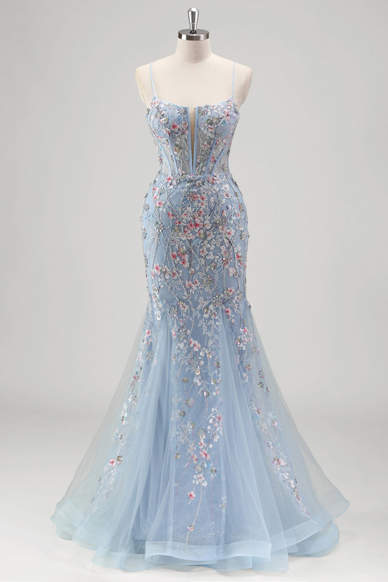Laden Sie das Bild in den Galerie-Viewer, Hellblau Meerjungfrauen Spaghettiträger Tüll Korsett Langes Ballkleid mit Stickerei