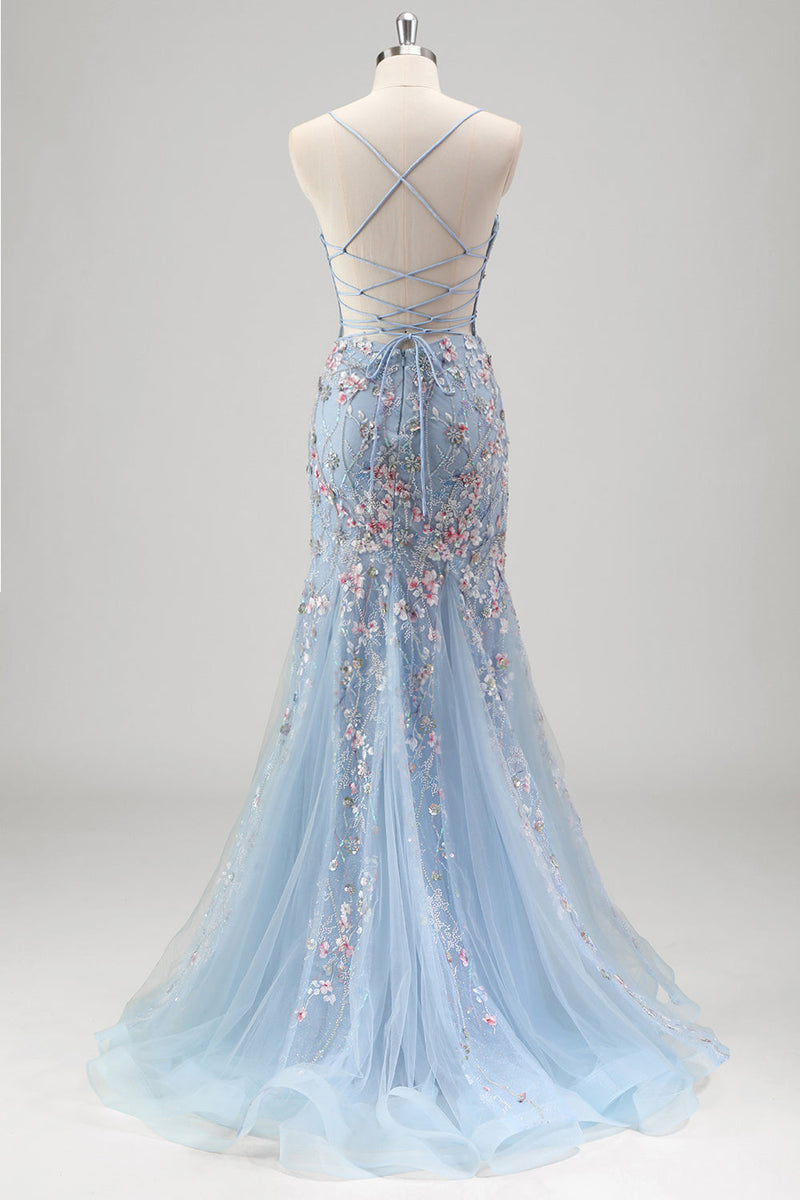 Laden Sie das Bild in den Galerie-Viewer, Hellblau Meerjungfrauen Spaghettiträger Tüll Korsett Langes Ballkleid mit Stickerei