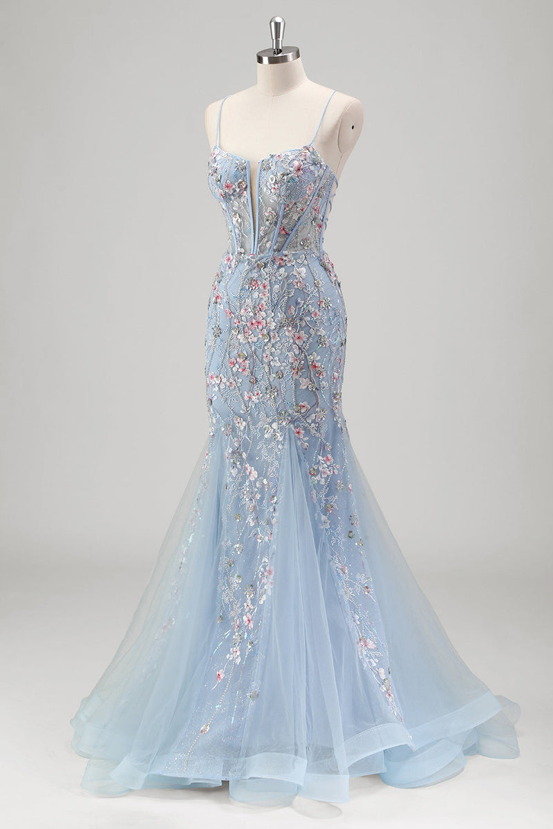 Laden Sie das Bild in den Galerie-Viewer, Schwarz Meerjungfrauen Spaghettiträger Tüll Ballkleid mit Perlenstickerei