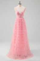 Laden Sie das Bild in den Galerie-Viewer, Rosa A-Linie Gestaffelt Lang Abendkleider
