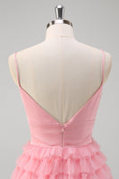 Laden Sie das Bild in den Galerie-Viewer, Rosa A-Linie Gestaffelt Lang Abendkleider