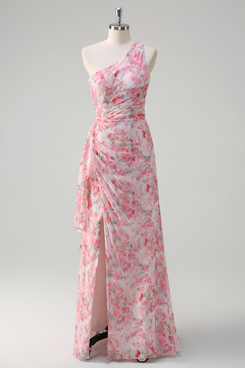 Laden Sie das Bild in den Galerie-Viewer, Blumen Rosa Eine Schulter Besticktes Langes Abendkleid mit Schlitz