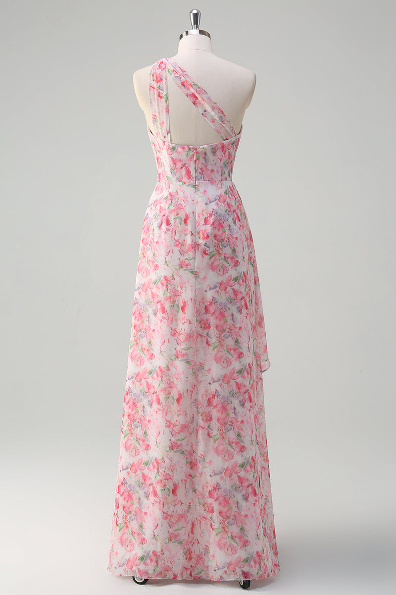 Laden Sie das Bild in den Galerie-Viewer, Blumen Rosa Eine Schulter Besticktes Langes Abendkleid mit Schlitz