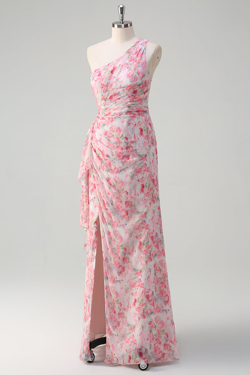 Laden Sie das Bild in den Galerie-Viewer, Blumen Rosa Eine Schulter Besticktes Langes Abendkleid mit Schlitz