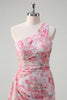 Laden Sie das Bild in den Galerie-Viewer, Blumen Rosa Eine Schulter Besticktes Langes Abendkleid mit Schlitz