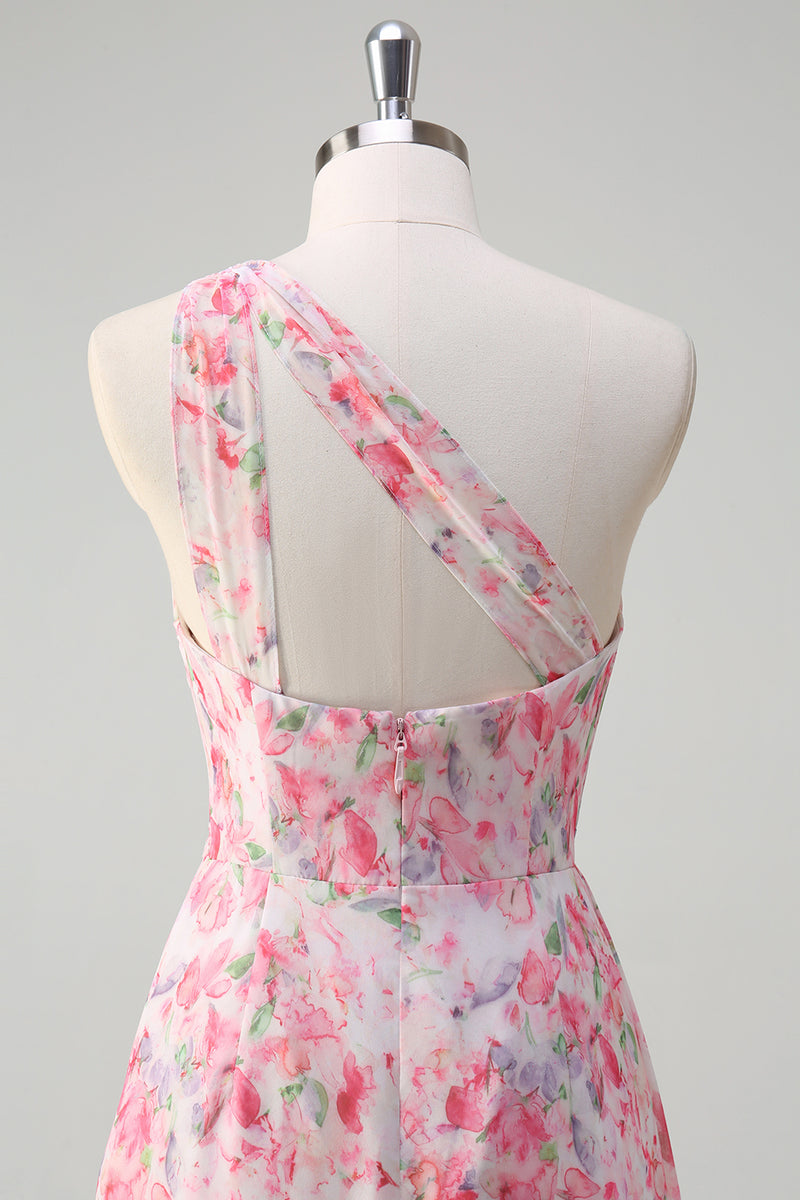 Laden Sie das Bild in den Galerie-Viewer, Blumen Rosa Eine Schulter Besticktes Langes Abendkleid mit Schlitz