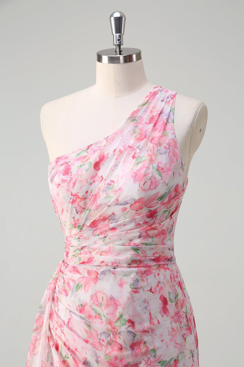 Laden Sie das Bild in den Galerie-Viewer, Blumen Rosa Eine Schulter Besticktes Langes Abendkleid mit Schlitz