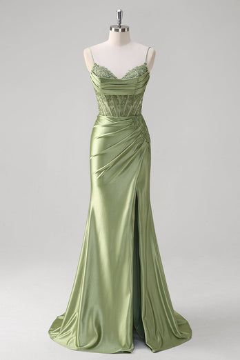 Grün Meerjungfrau Spaghettiträger Satin Korsett Langes Ballkleid mit Schlitz