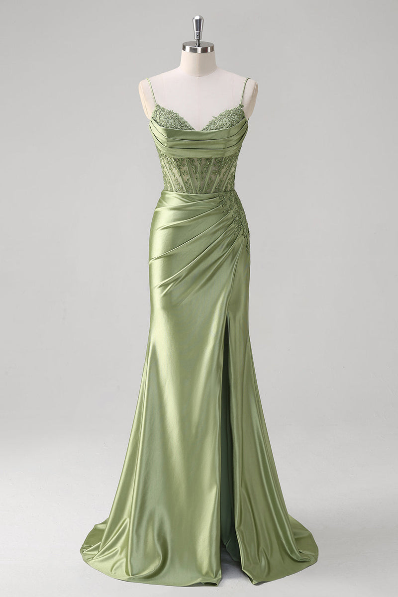 Laden Sie das Bild in den Galerie-Viewer, Grün Meerjungfrau Spaghettiträger Satin Korsett Langes Ballkleid mit Schlitz
