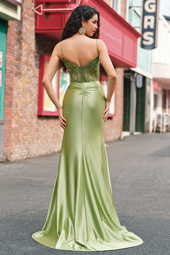 Grün Meerjungfrau Spaghettiträger Satin Korsett Langes Ballkleid mit Schlitz