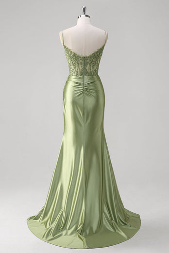 Grün Meerjungfrau Spaghettiträger Satin Korsett Langes Ballkleid mit Schlitz