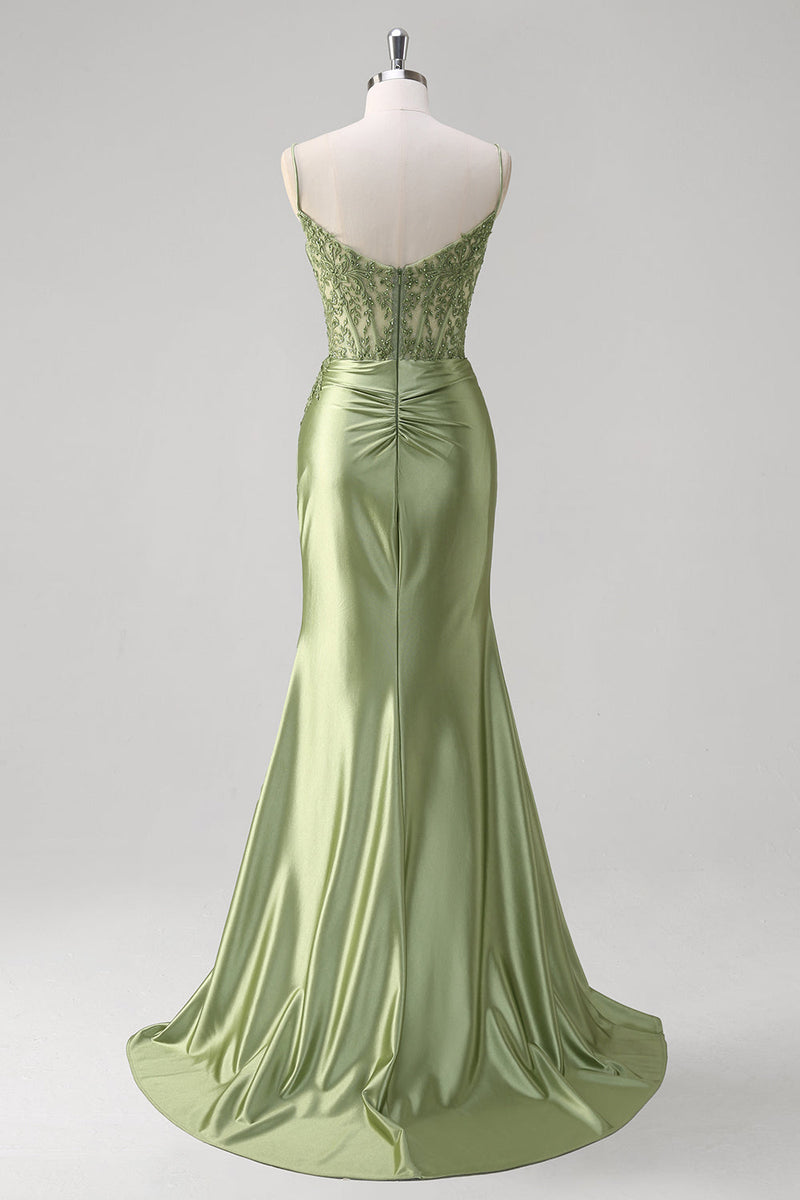 Laden Sie das Bild in den Galerie-Viewer, Grün Meerjungfrau Spaghettiträger Satin Korsett Langes Ballkleid mit Schlitz