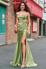 Laden Sie das Bild in den Galerie-Viewer, Grün Meerjungfrau Spaghettiträger Satin Korsett Langes Ballkleid mit Schlitz