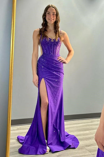 Glitzer Violett Korsett Langes Abendkleider mit Perlen