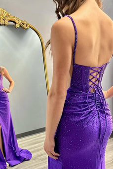 Glitzer Violett Korsett Langes Abendkleider mit Perlen