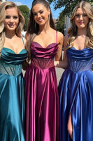 Laden Sie das Bild in den Galerie-Viewer, Glitzer Königsblau Korsett Langes Abendkleider mit Schlitz