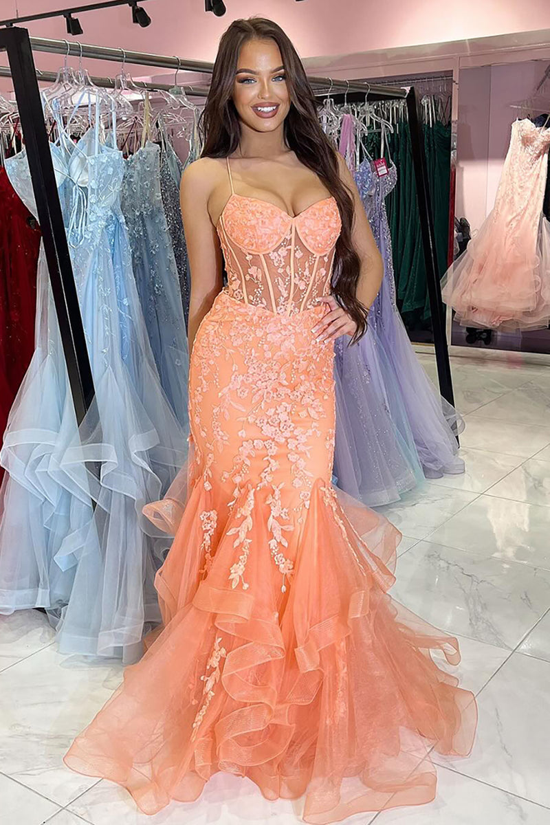 Laden Sie das Bild in den Galerie-Viewer, Blumen Orange Meerjungfrau Korsett Spaghettiträger Lange Abendkleid