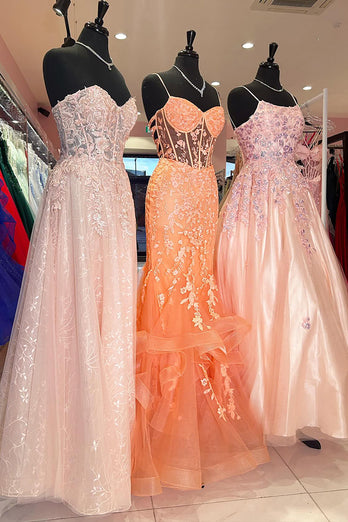 Blumen Orange Meerjungfrau Korsett Spaghettiträger Lange Abendkleid