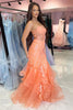 Laden Sie das Bild in den Galerie-Viewer, Blumen Orange Meerjungfrau Korsett Spaghettiträger Lange Abendkleid