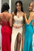 Laden Sie das Bild in den Galerie-Viewer, Glitter Königsblau Korsett Perlen Lange Abendkleid mit Schlitz