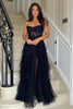 Laden Sie das Bild in den Galerie-Viewer, Schwarz A Linie Korsett Trägerlos Gestreift Lange Abendkleid mit Schlitz