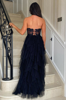 Schwarz A Linie Korsett Trägerlos Gestreift Lange Abendkleid mit Schlitz