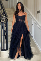 Laden Sie das Bild in den Galerie-Viewer, Schwarz A Linie Korsett Trägerlos Gestreift Lange Abendkleid mit Schlitz