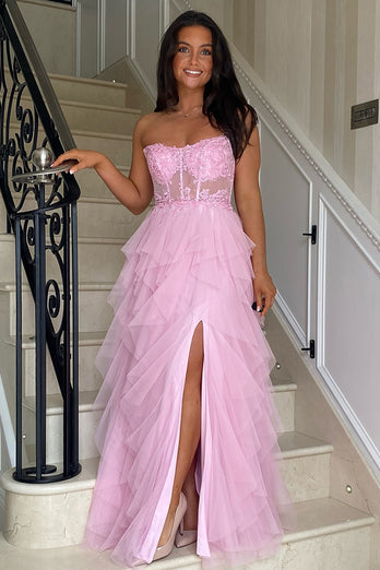 Schwarz A Linie Korsett Trägerlos Gestreift Lange Abendkleid mit Schlitz